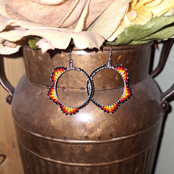 Jewelry - Handcrafted Beaded Hoop Earrings - Black and Red